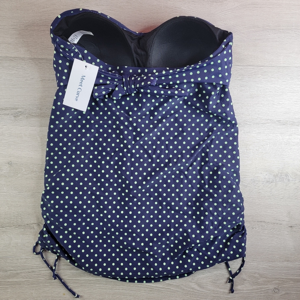 Meet Curve Womens XL Swimsuit Dress Blue Green Polka Dot Ruched Tie Sides NWT - Picture 6 of 11